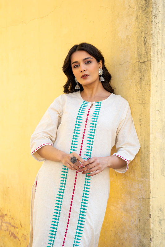 White handloom cotton green with orange embroidery two piece cordset (P1910)