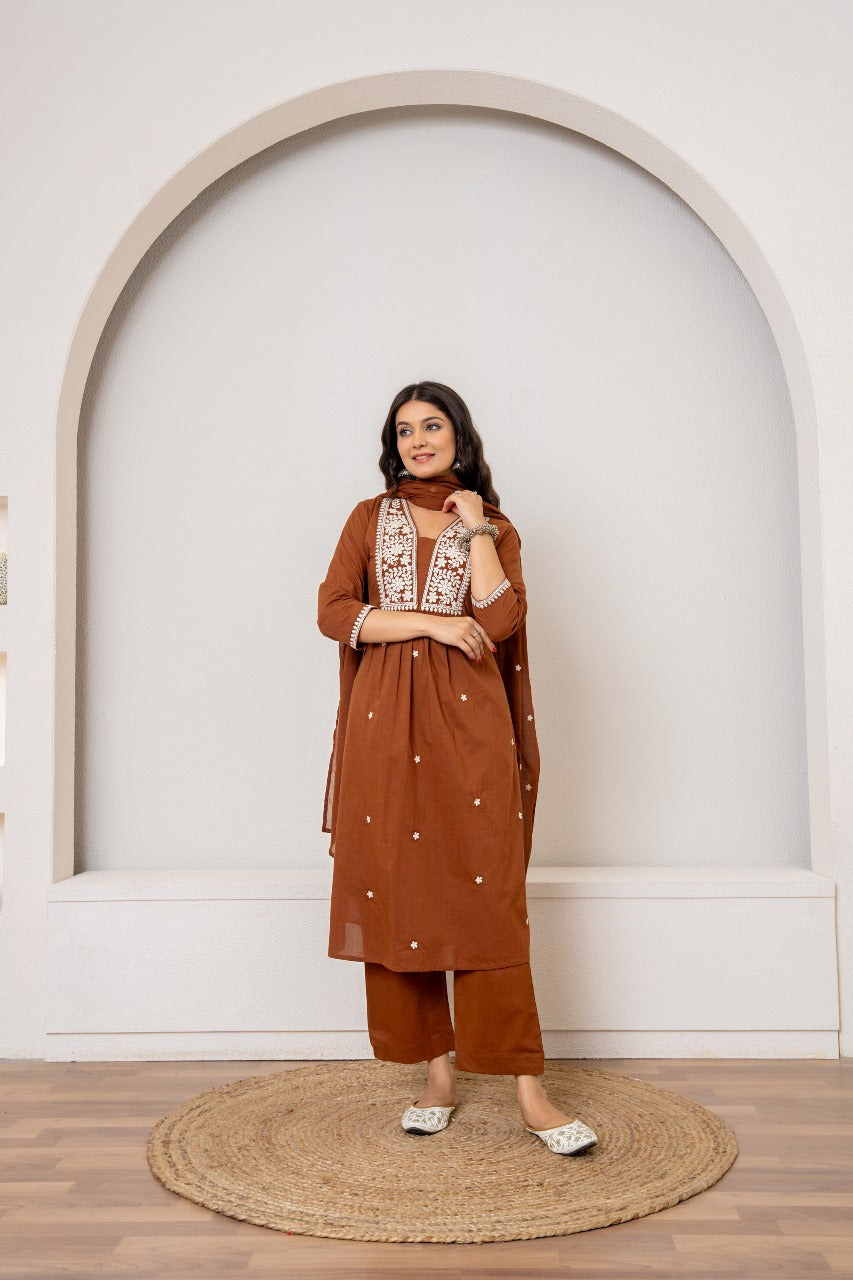 Brown pure cotton fully chikankari three piece set (P2351)