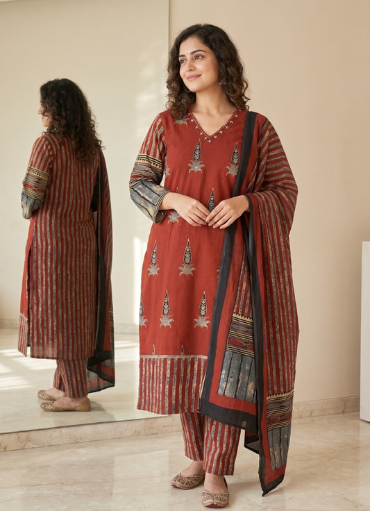 Pure cotton ajrakh print three piece set (B1011)