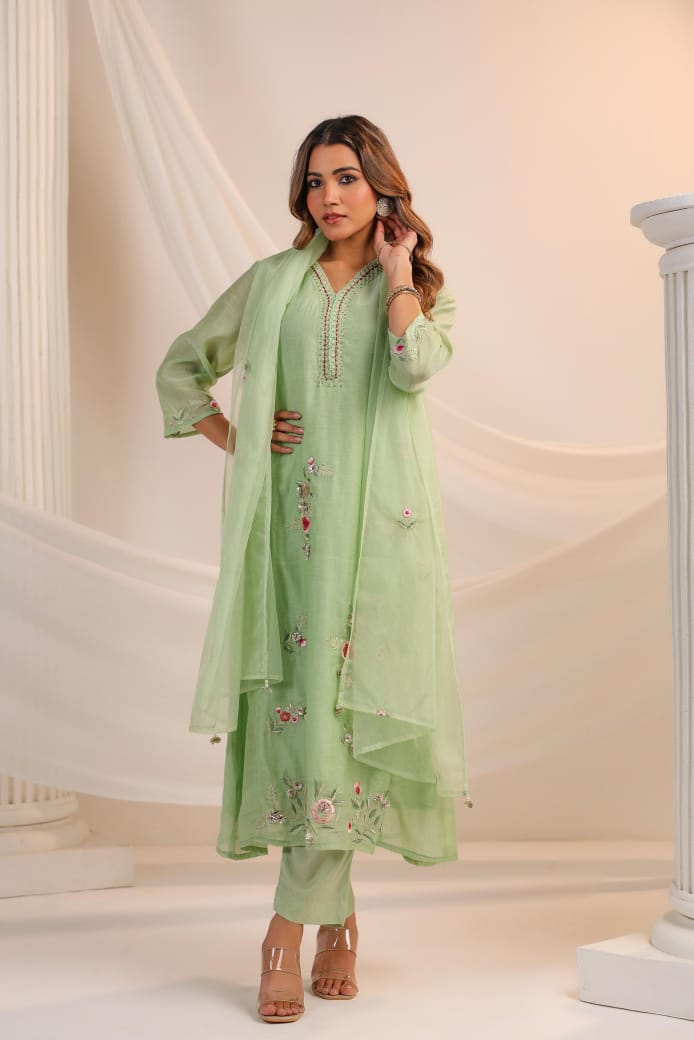 Light green pure mul chanderi with full thread work three piece set (P1519)