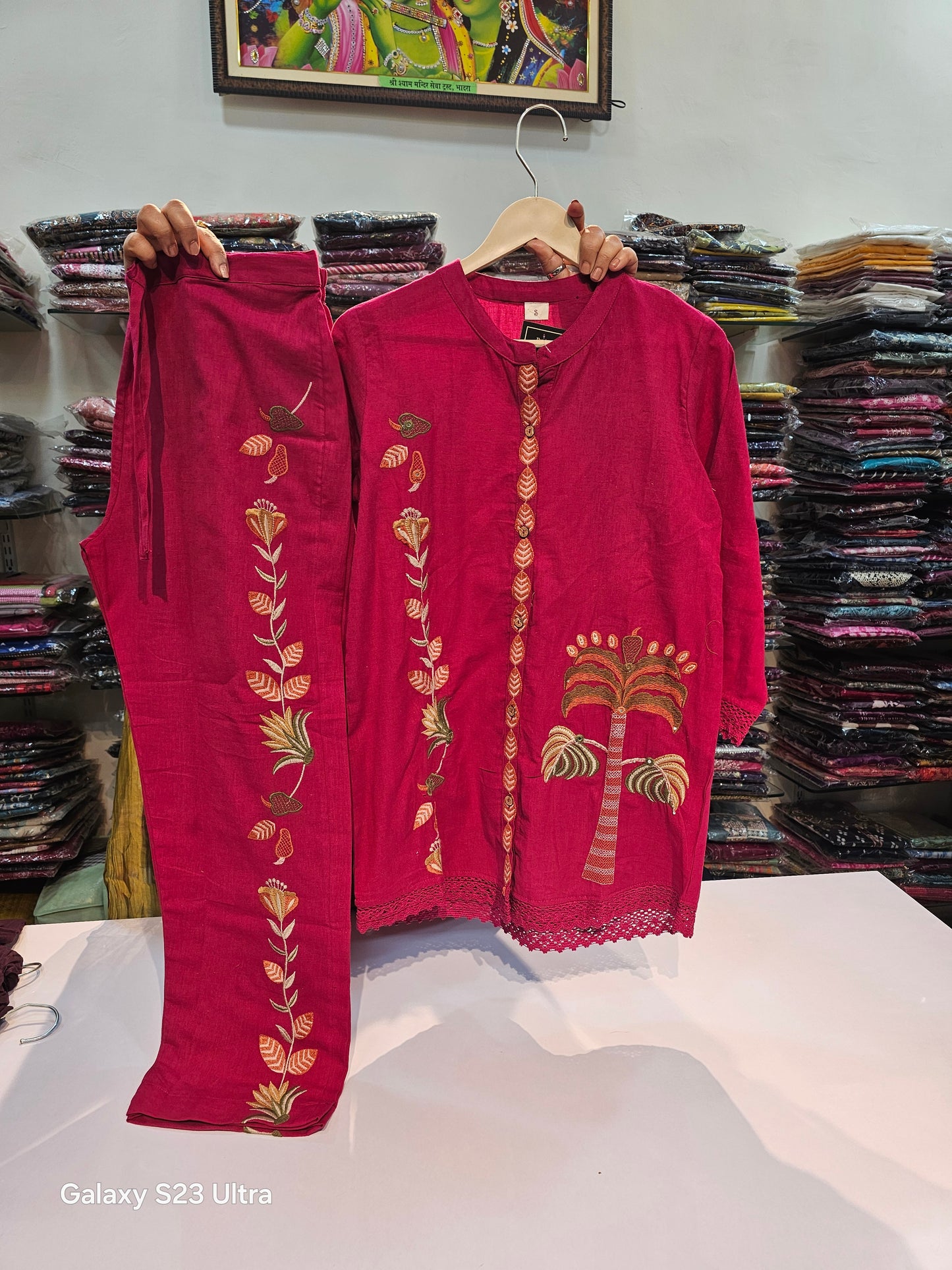 Dark pink handloom cotton with full thread work two piece cordset (P1375)