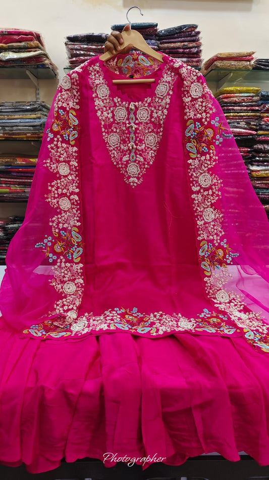 Rani pink pure dola silk with full hand work three piece set (A845)
