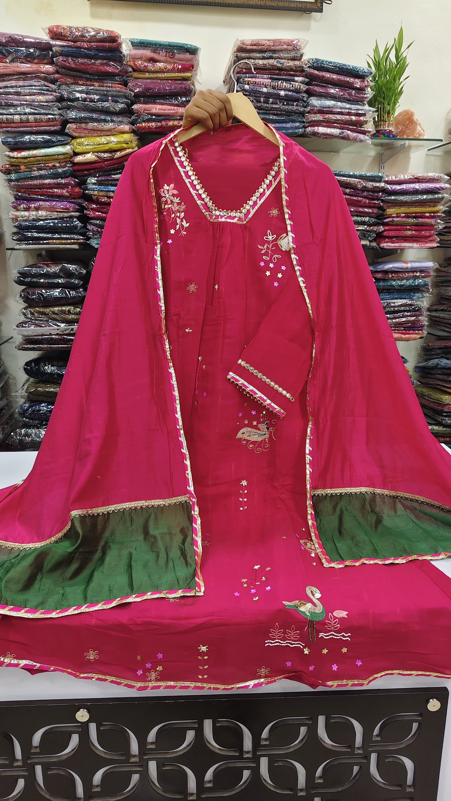Pure mul chanderi with full gota work three piece set (A1313)