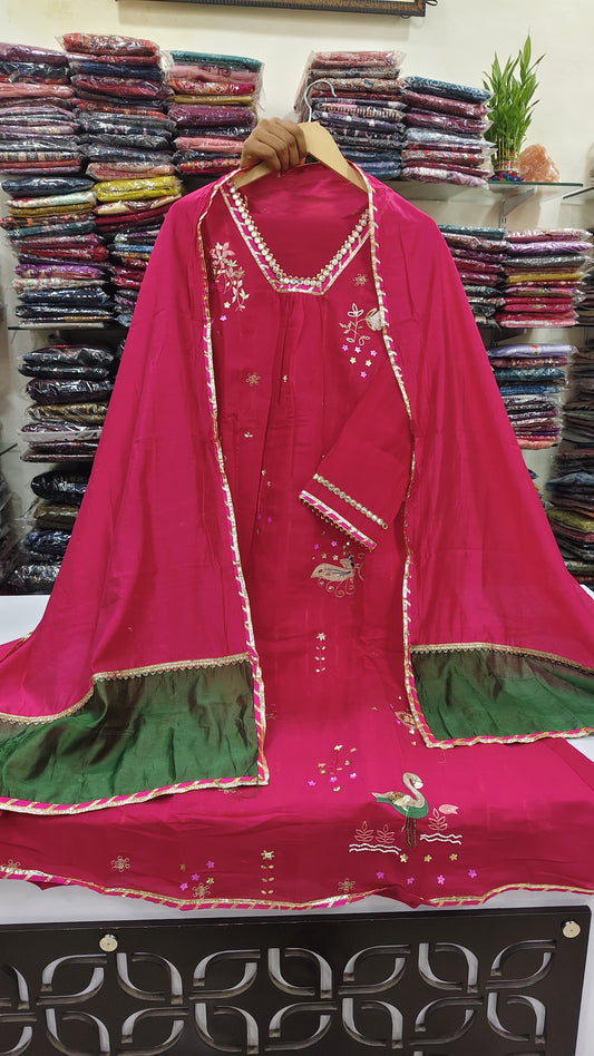 Pure mul chanderi with full gota work three piece set (A1313)