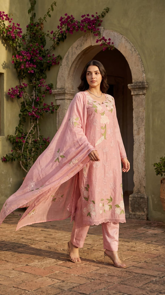 Pure mul chanderi with full thread work mul cotton lining three piece set (B172)