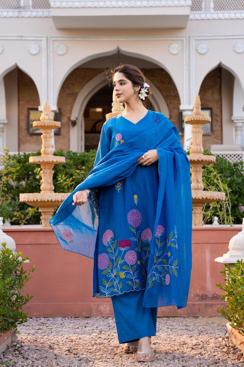 Royal blue pure mul chanderi with mul lining full thread work pakistani sleeves three piece set (P2163)