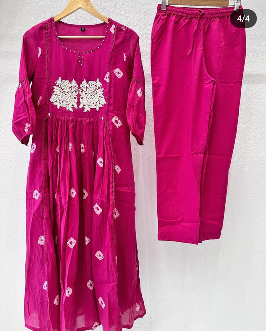 Rani pink mul cotton A line pattern kurta with pant (P150)