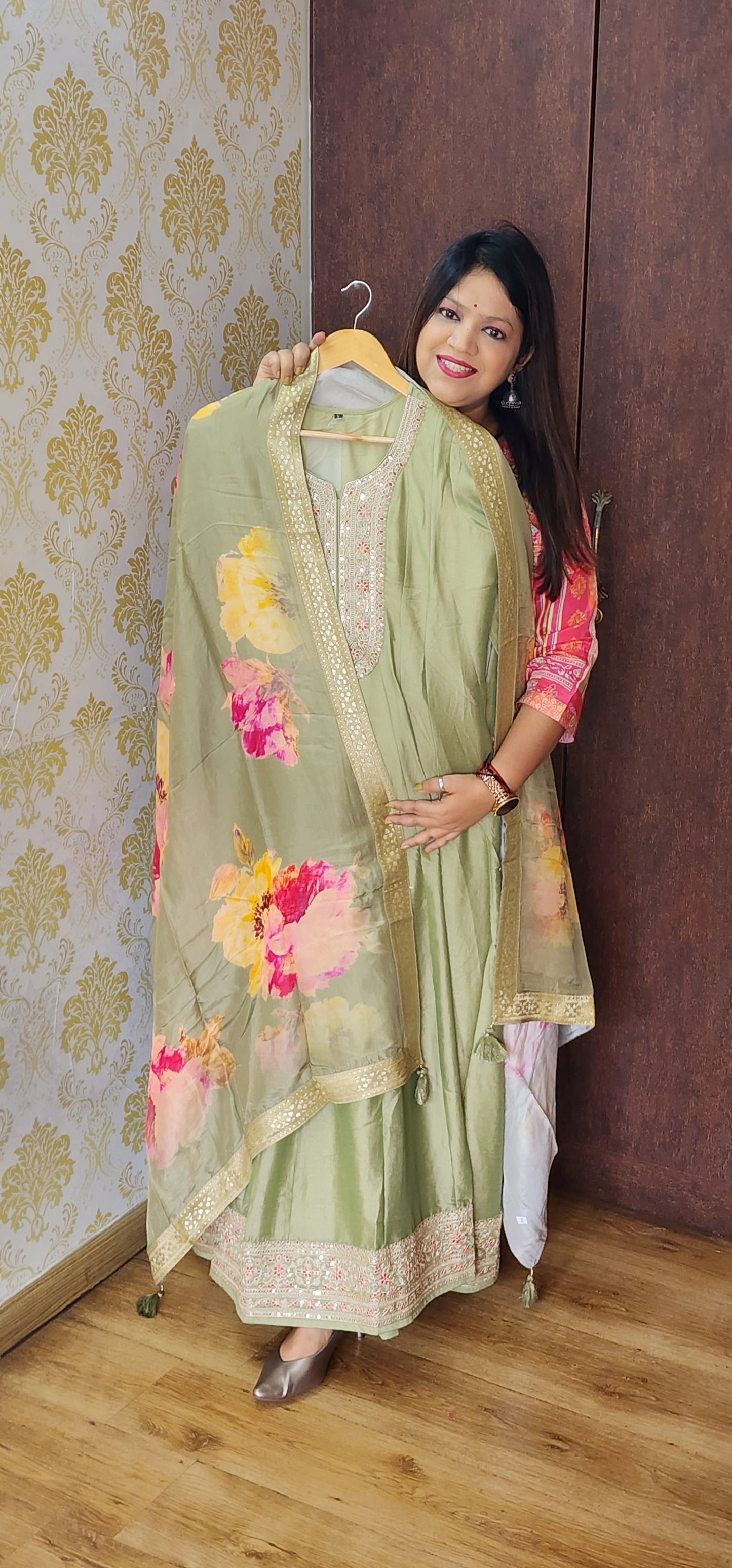 Mint green russian silk anarkali (P731)