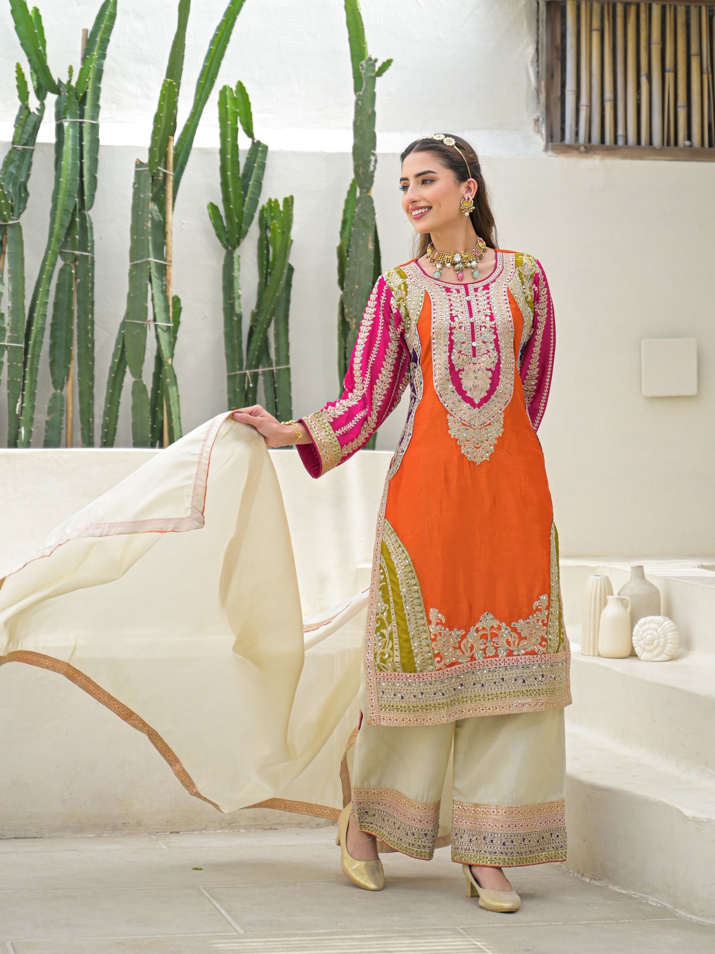 Pure chinnon full work orange based three piece set (A930)