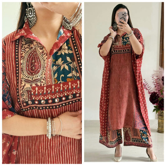 Pure muslin ajrakh print loose fit kaftan two piece set (S110)