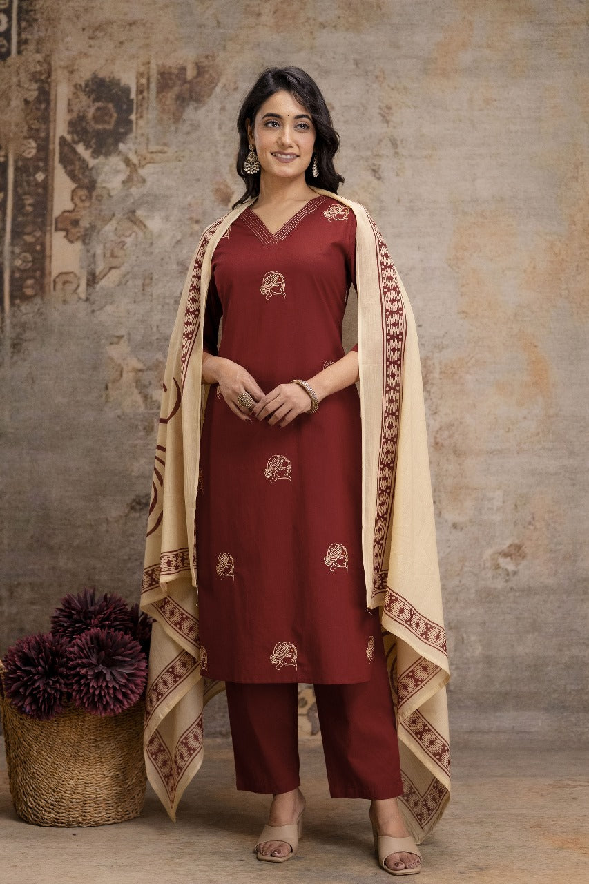 Pure cotton mahroon colour with embroidery three piece set (A1262)