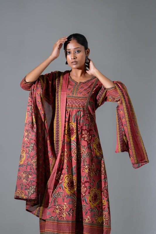 Onion pink jaipuri print pure cotton with plazo pant three piece set (A681)