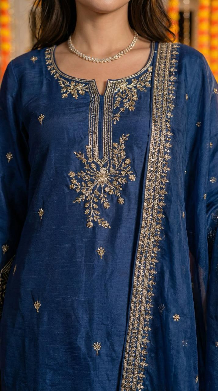 Blue pure silk with lining full jari work three piece set (A1390)