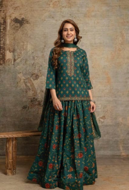 Pure cotton kurti with flared skirt and full length dupatta three piece set (S219)