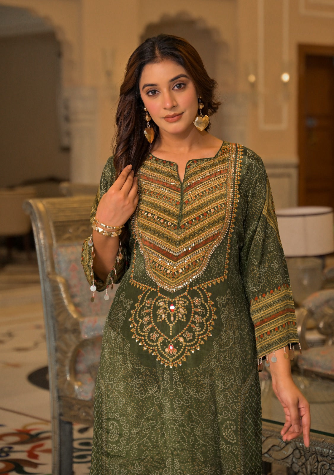 Natural crape with lining pakistani pattern two piece cordset length 54 inch (S306)