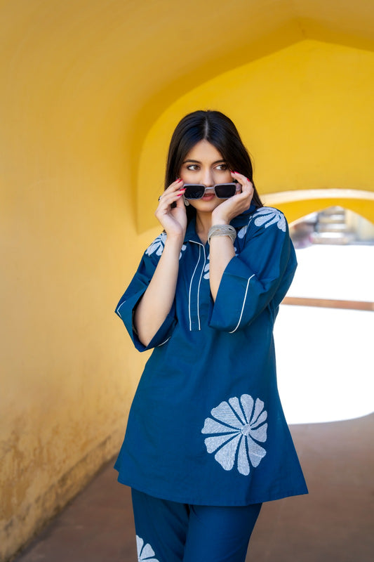 Blue pure cotton fully embroidered two piece cordset  (P1930)
