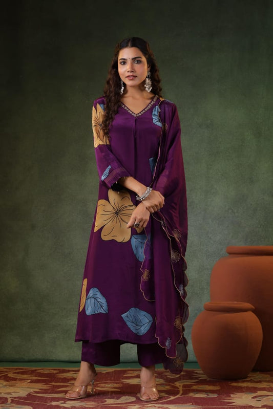 Purple pure crape with lining designer three piece set (P851)