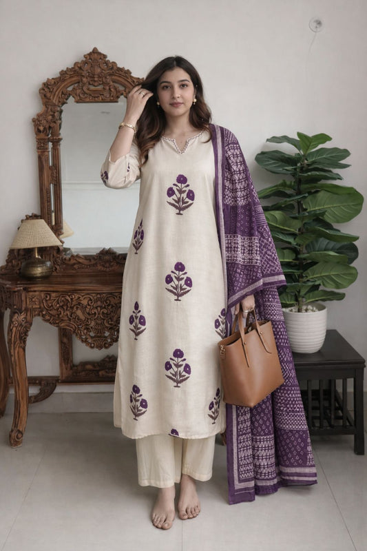 Pure linen with block print duptta three piece set (B291)