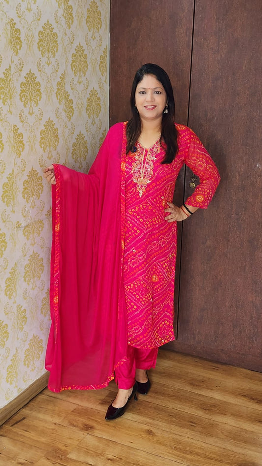 Hot pink georgette straight pattern with lining three piece set (A905)