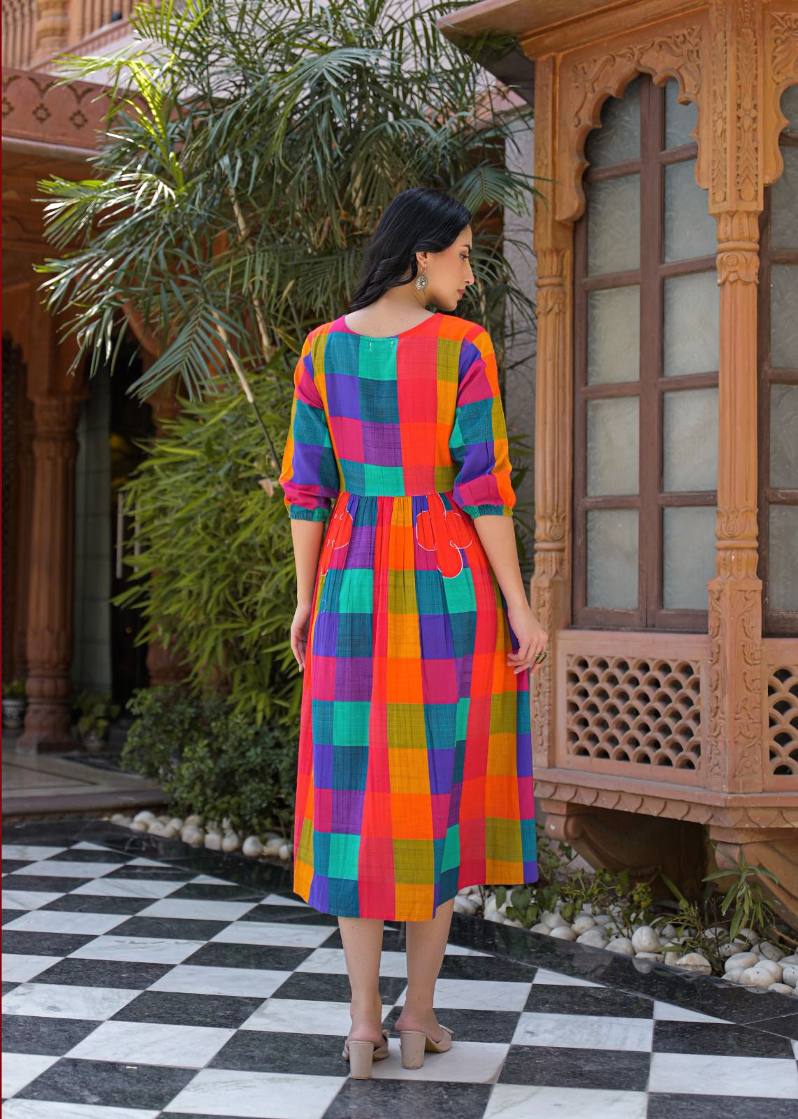 Colour full stylish slub cotton one piece dress (B933)