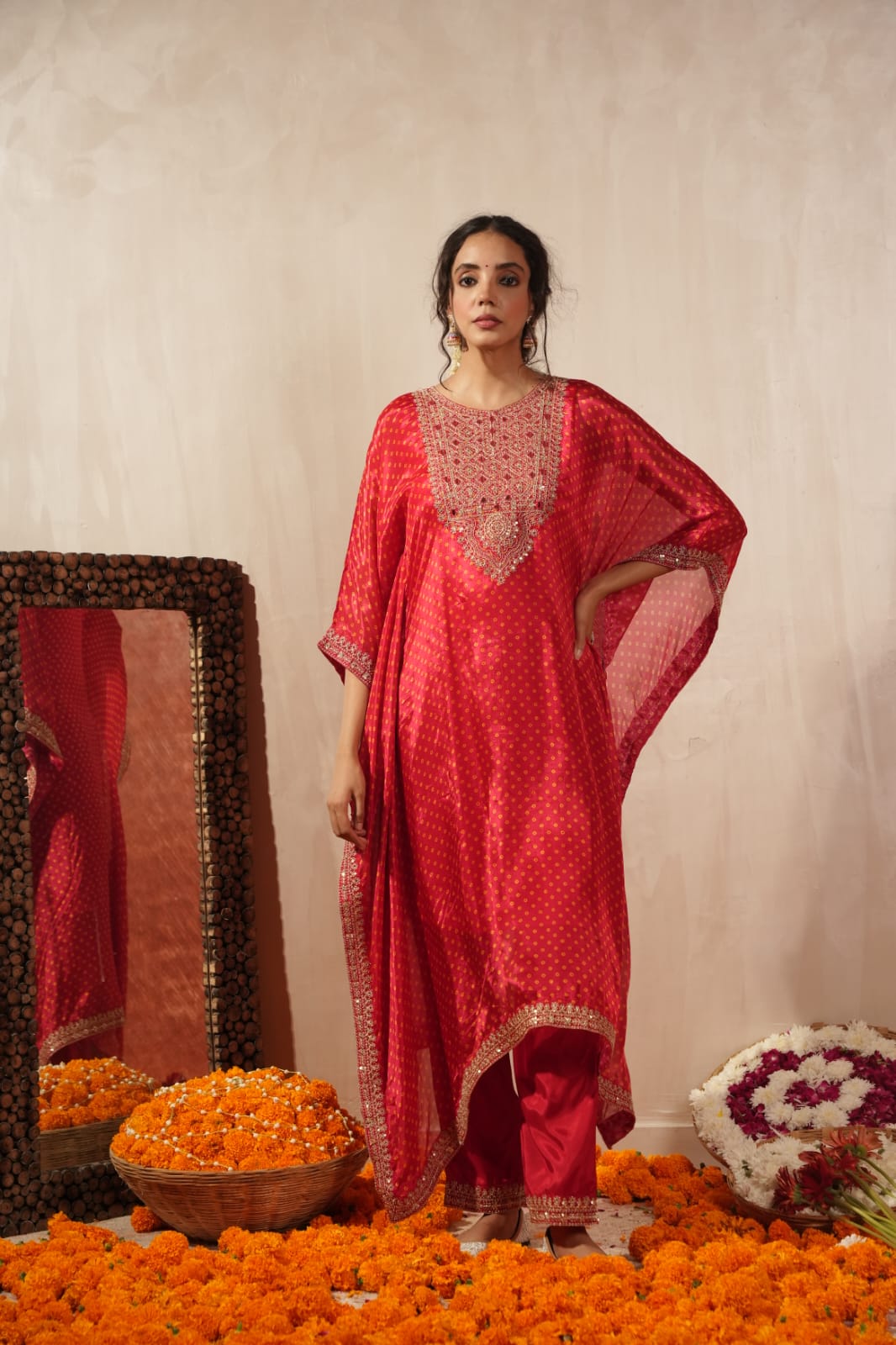 Bright red pure crape with real mirror two piece kaftan set (P900)