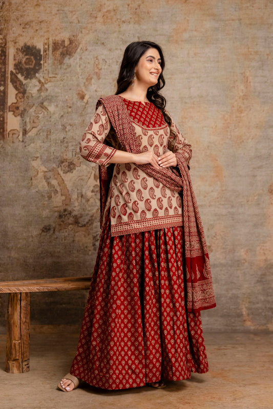 Pure cotton original block print gopi dress three piece set (S309)