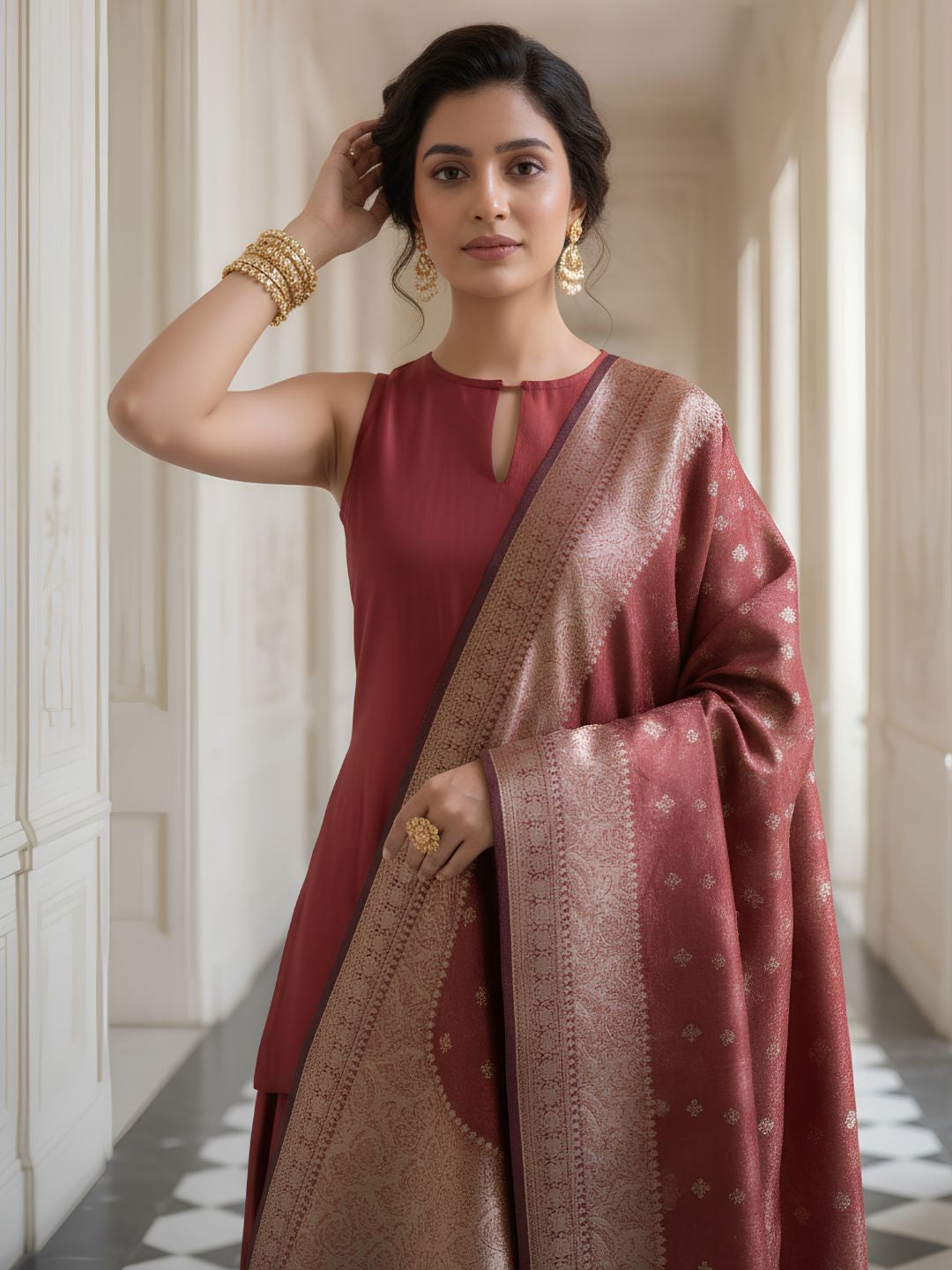 Muslin with banarasi dupatta and paired with farshi salwar three piece set (C669) (optional  sleeve)