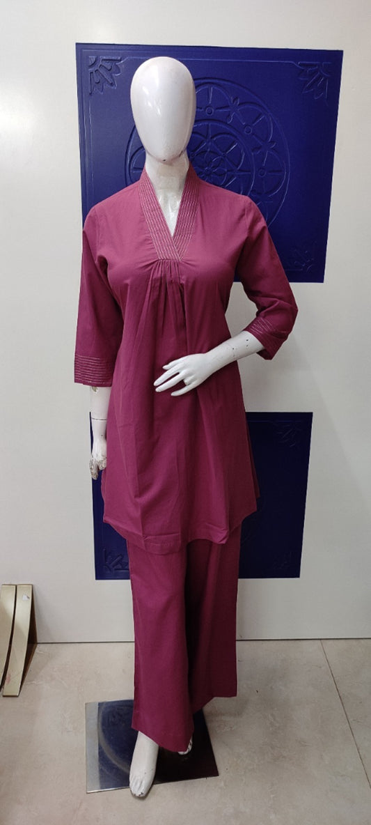 Dark pink pure cotton solid color two piece cordset (P793)