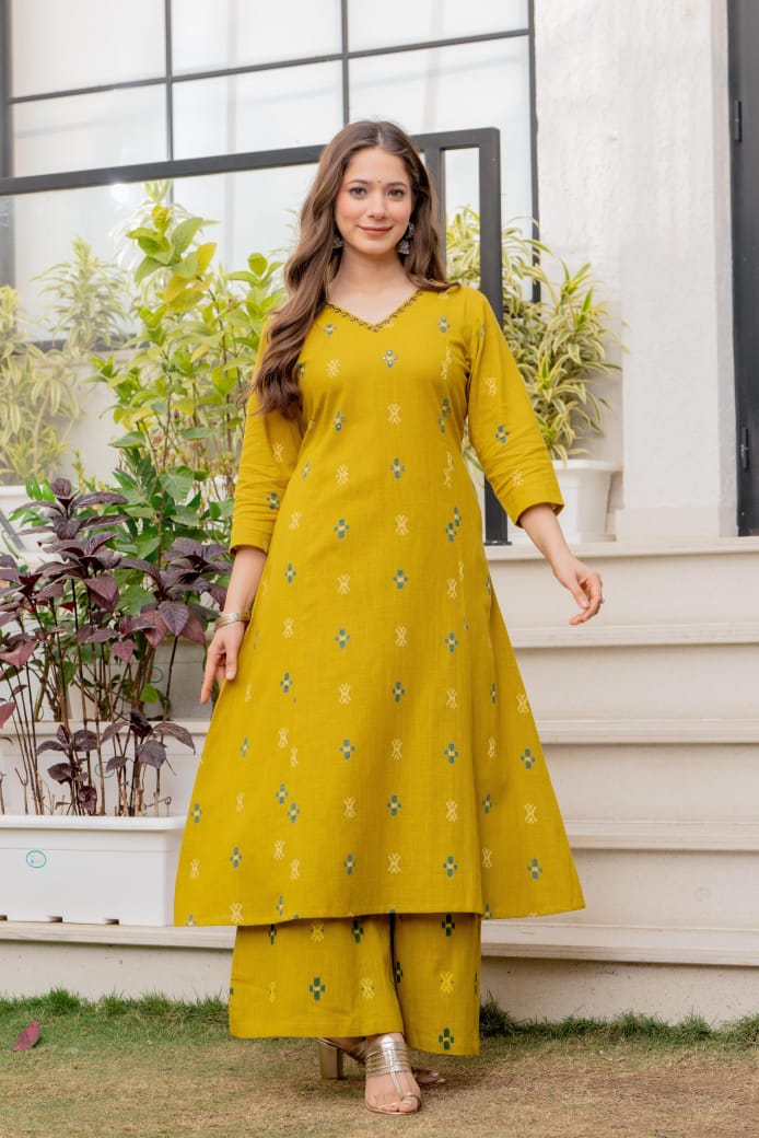 Pure cotton linen ikkat weaved with flared plazo two piece set (A1652)