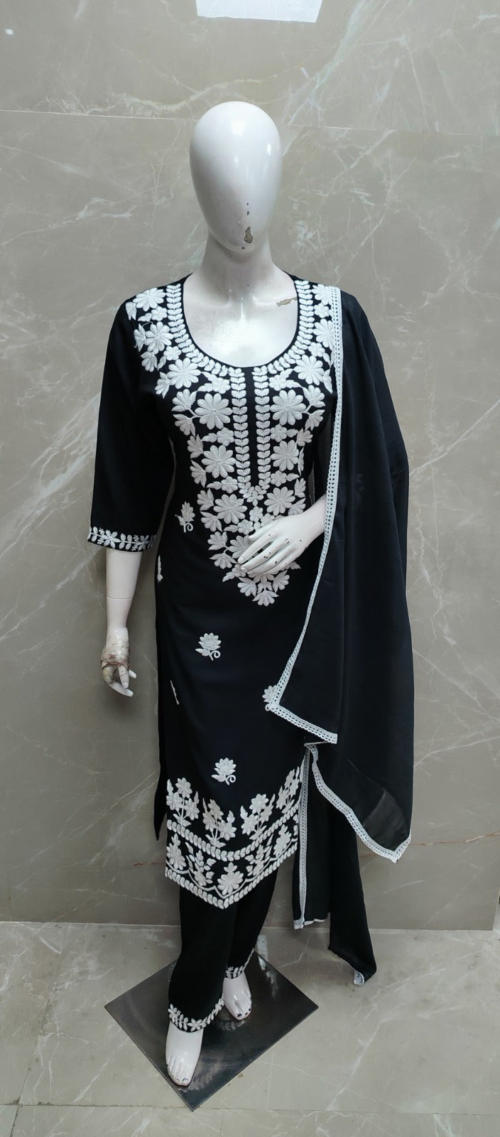 Black chikankari pure cotton three piece set (B364)