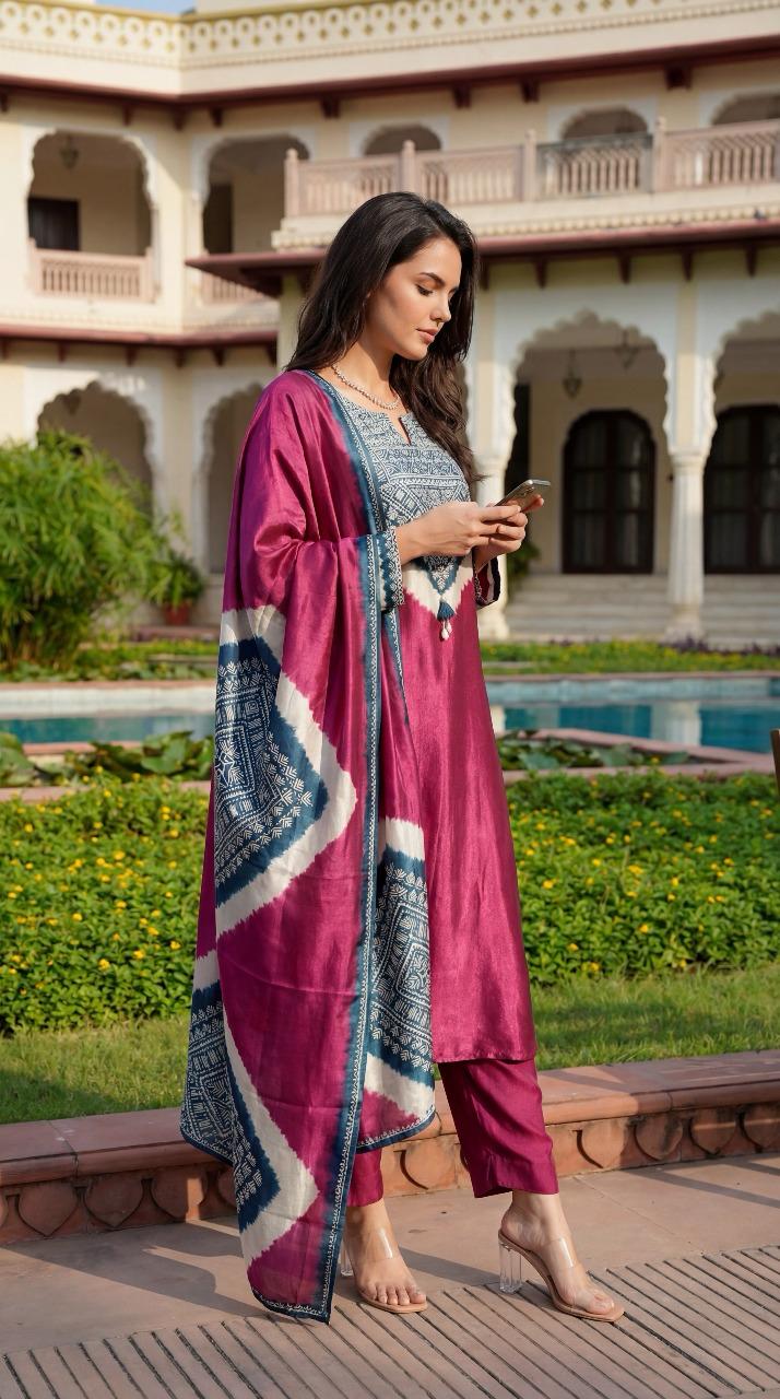 Pure gaji silk with mul lining designer three piece set (A1365)
