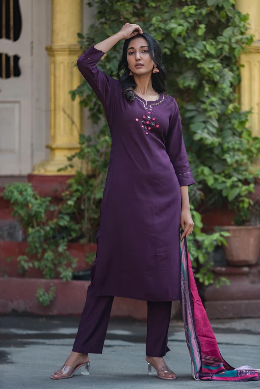 Pure muslin with real mirror work designer silk dupatta three piece set (A1271)