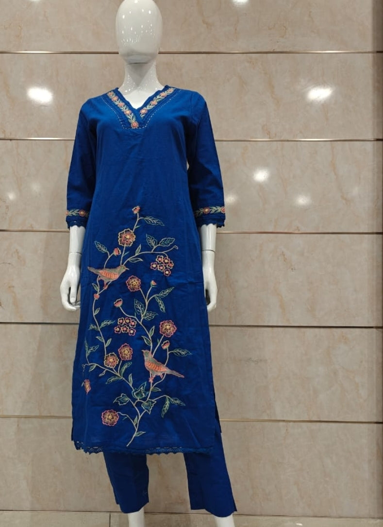 Blue handloom cotton two piece set with full thread work (P814)