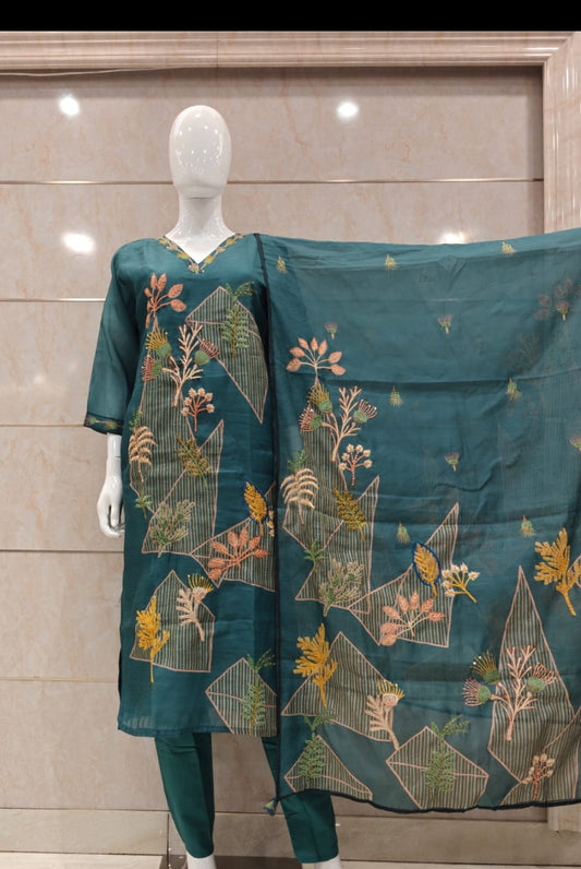 Chanderi with full katha work three piece set (B104)