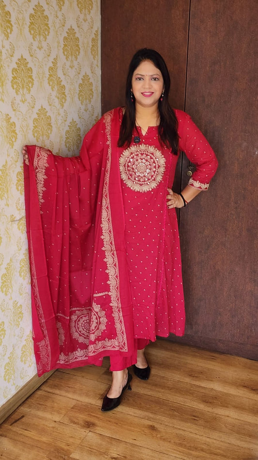 Pink bandani mul cotton with lining three piece set (A1033)