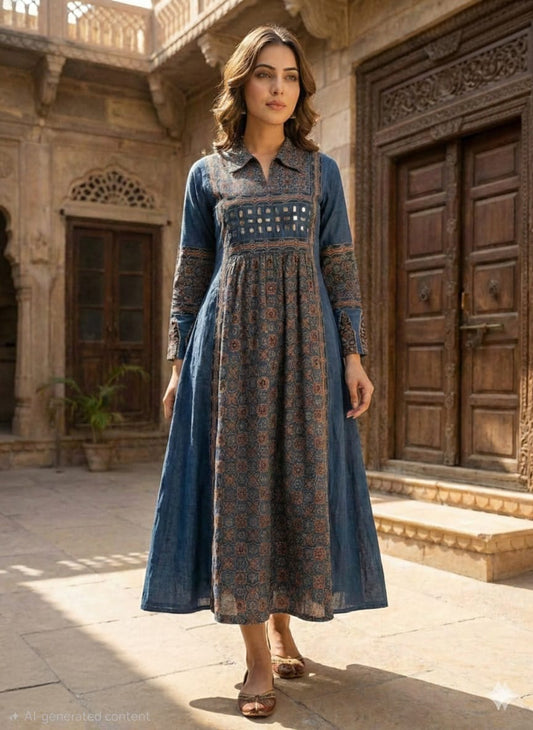 Very smart pure cotton ajrakh print with real mirror work designer one piece dress (A1706)