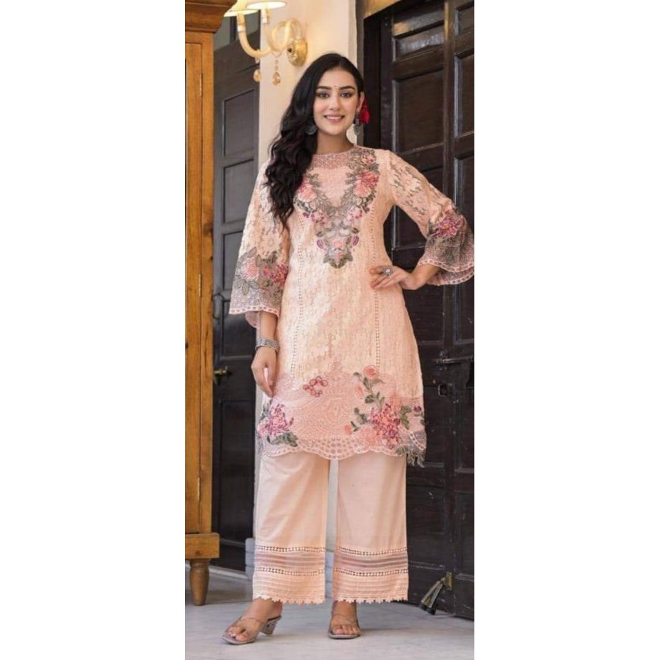 Light peach cotton net with full thread work designer cordset