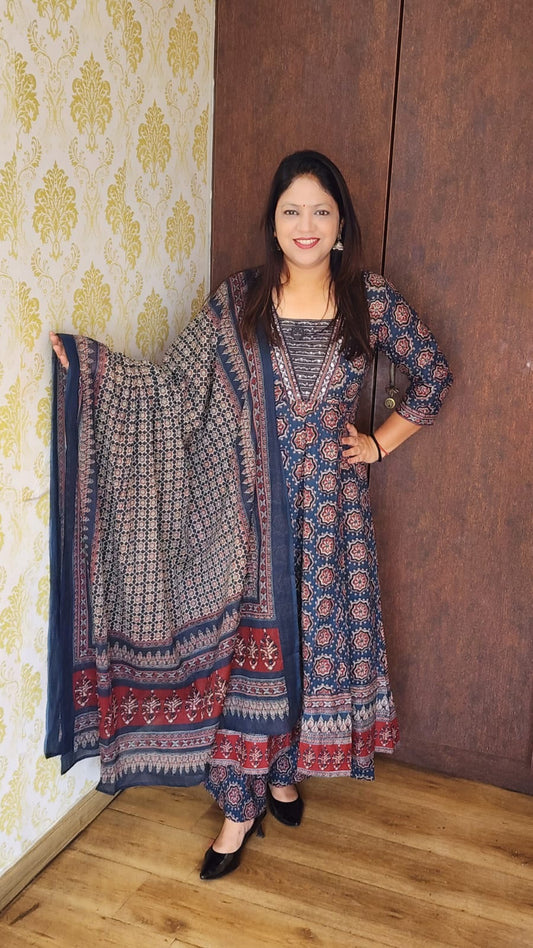Blue ajrakh print pure cotton three piece set (A999)
