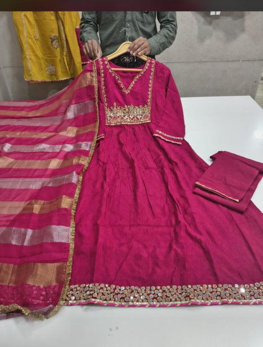 Bright pink russian silk with real mirror work three piece set (A1670)