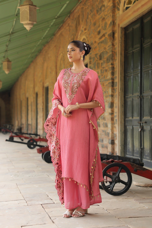 Blush pink pure curshed tissue with full parasi wark kaftan set (P917)