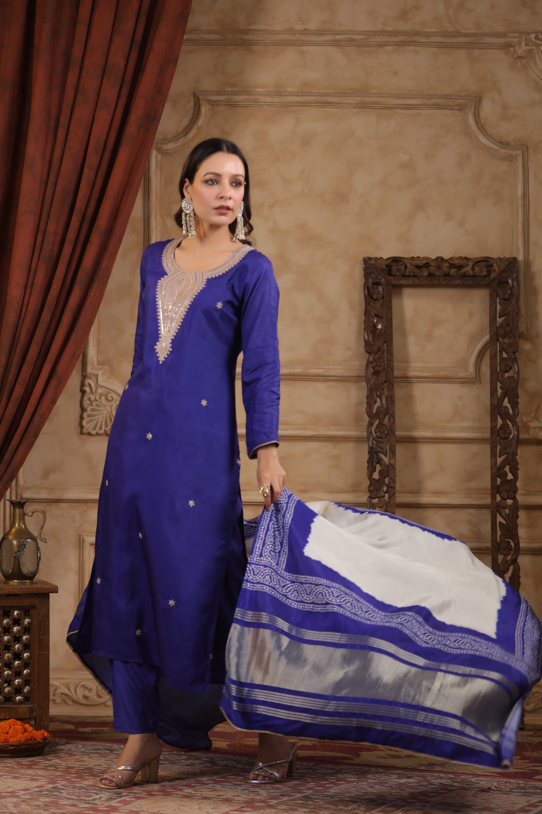 Purple pure silk withheavy work on neck line and bandani  dupatta (P1304)