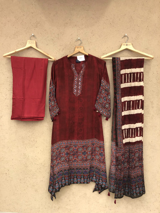 Pure crape Ajrakh print smart three piece set (S451)