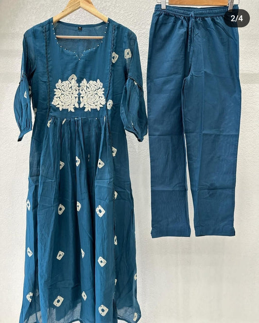 Blue bandani mul cotton A line kurto with pant (P229)