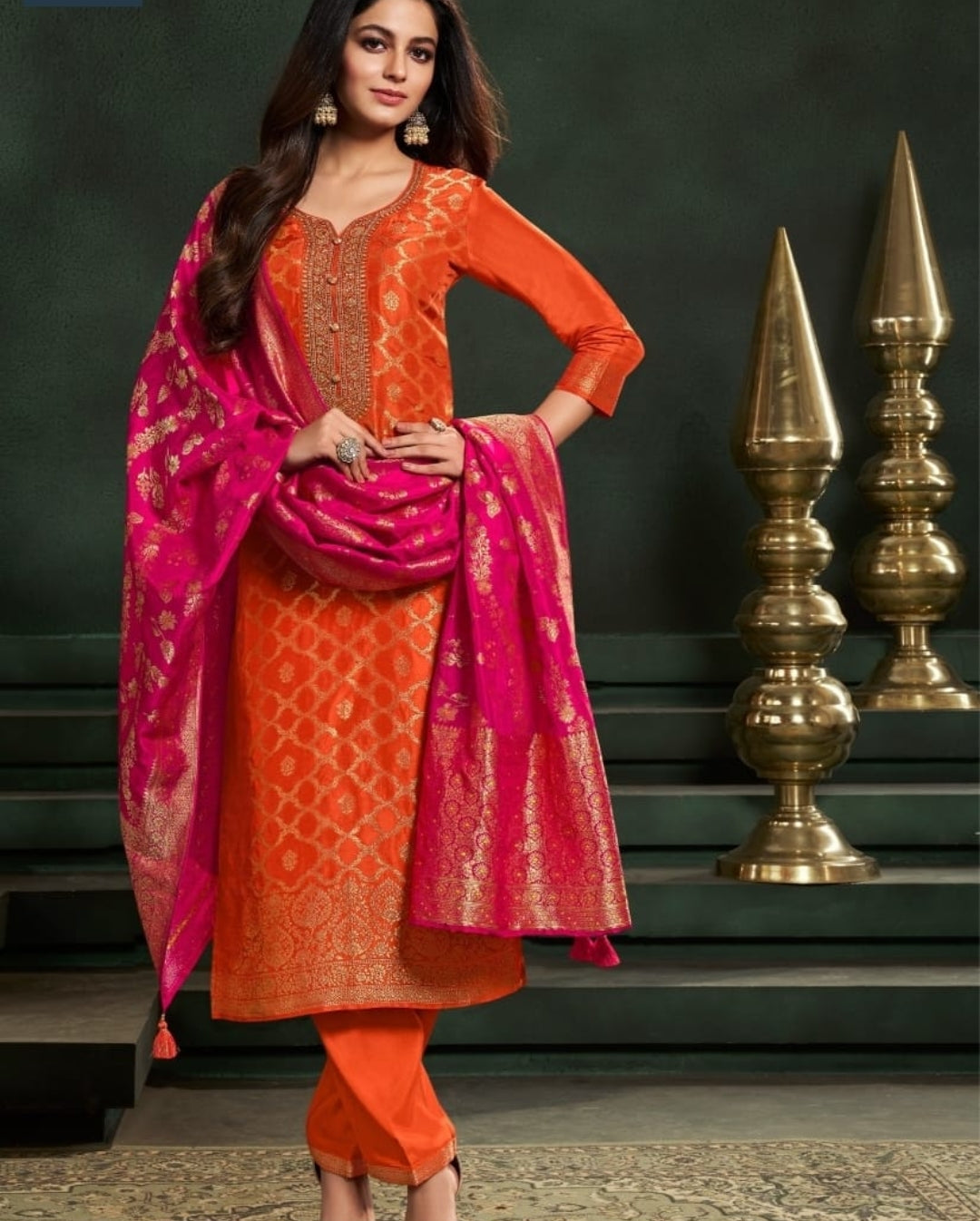 Orange pure banarsi silk three piece set (A797)