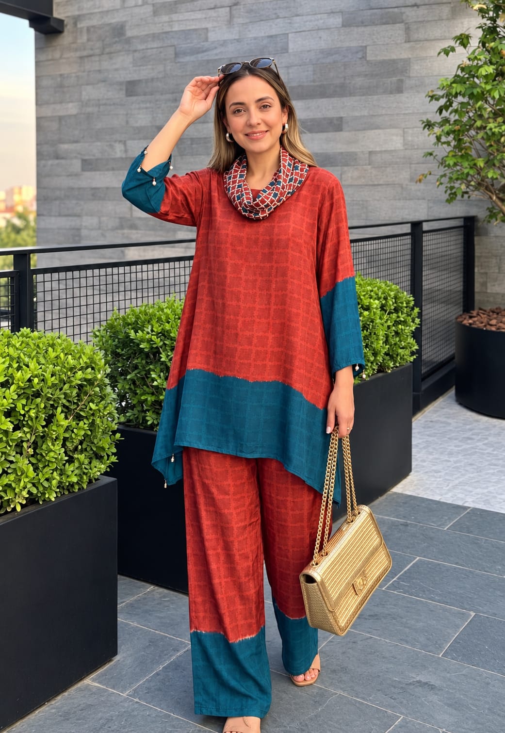 Pure crape cowl pattern smart two piece cordset (S393)