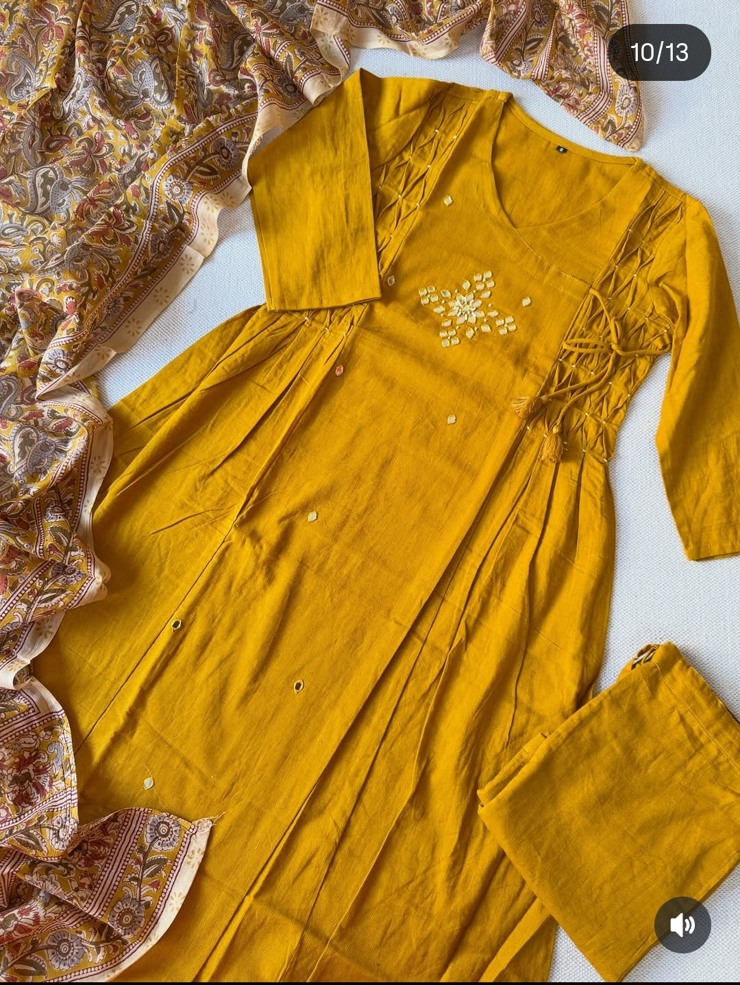 Pure cotton Angrakha pattern with kalamkari dupatta three piece set (A1024)