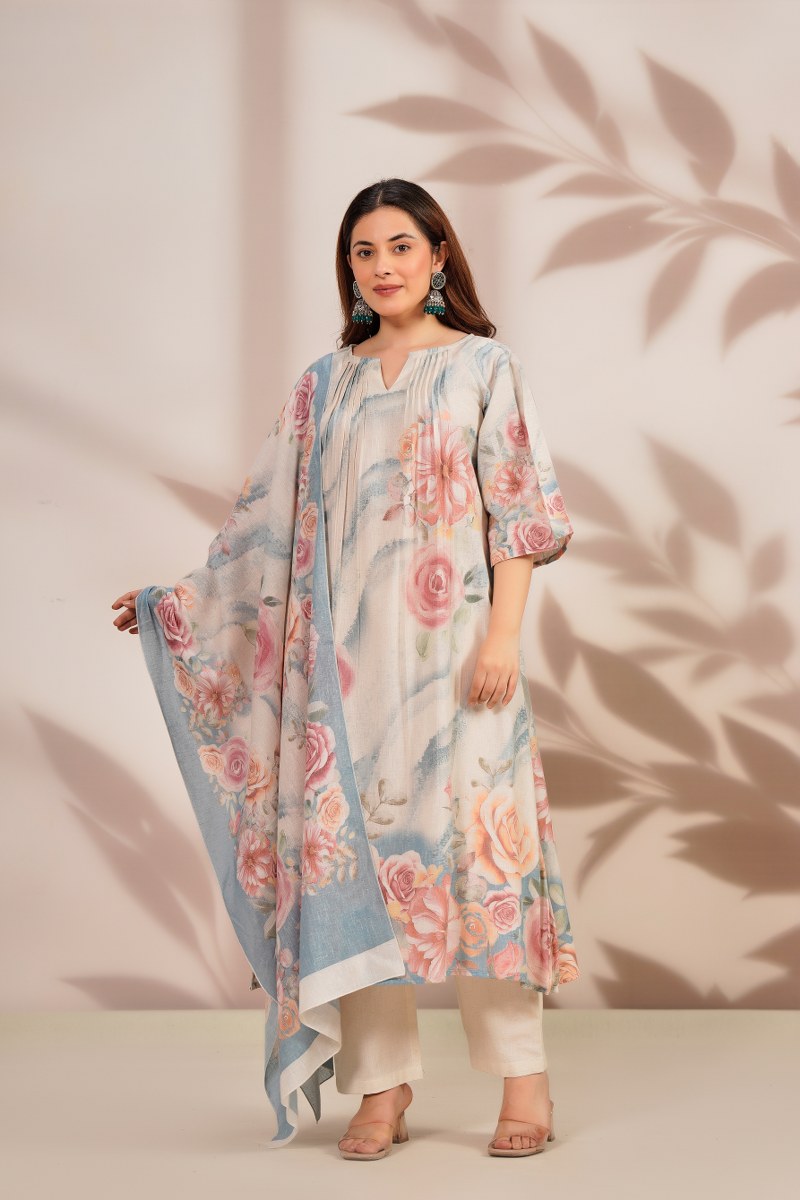 Premium cotton linen digital print smart three piece set (B559)
