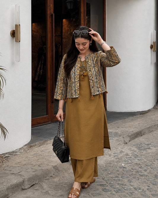 KALAMKARI SHRUG KURTA PALAZZO SET WITH MIRROR WORK ON KURTA WITH  PALAZOS (B720)