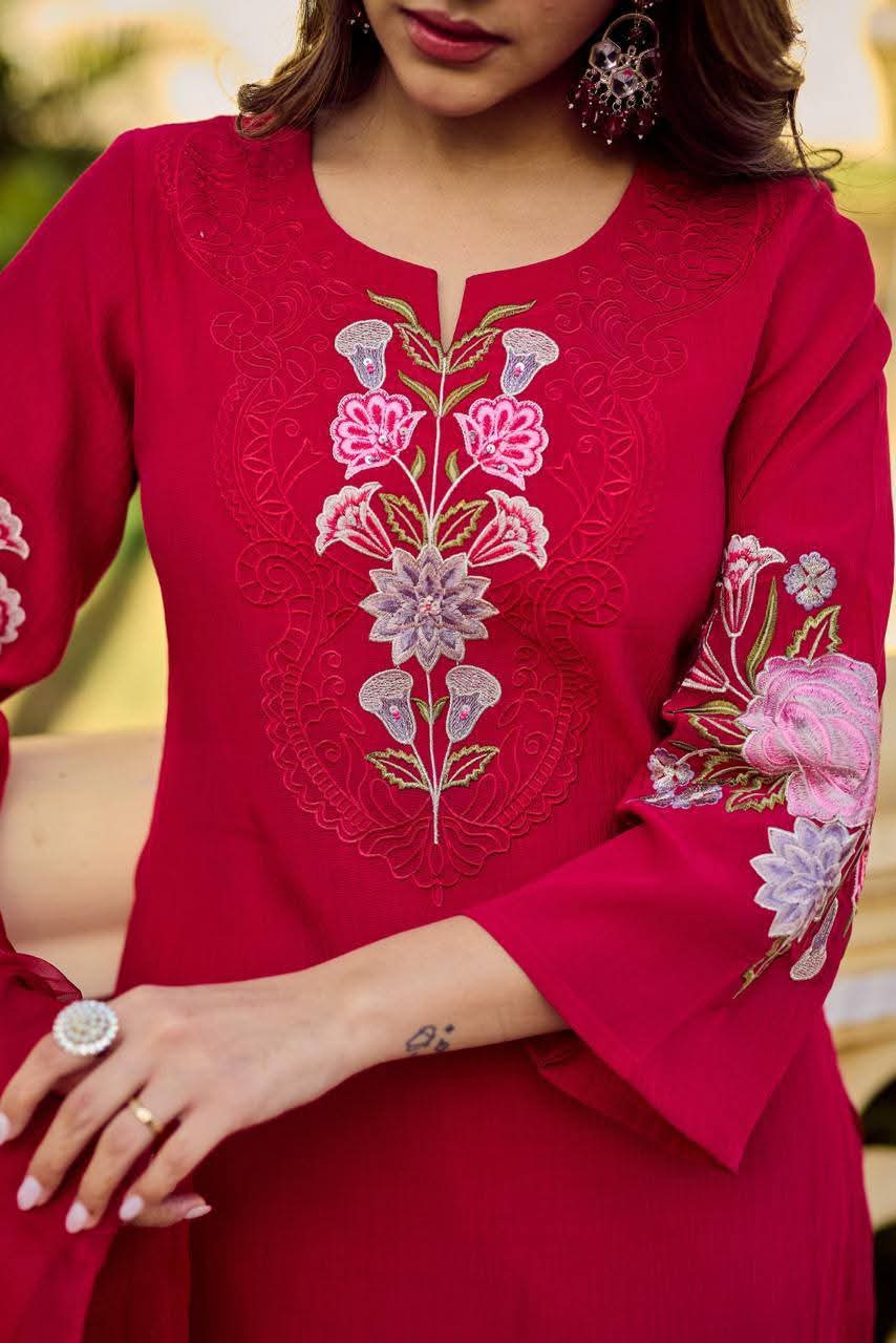 Viscose mul crush fully embroidered three piece set (A1453)