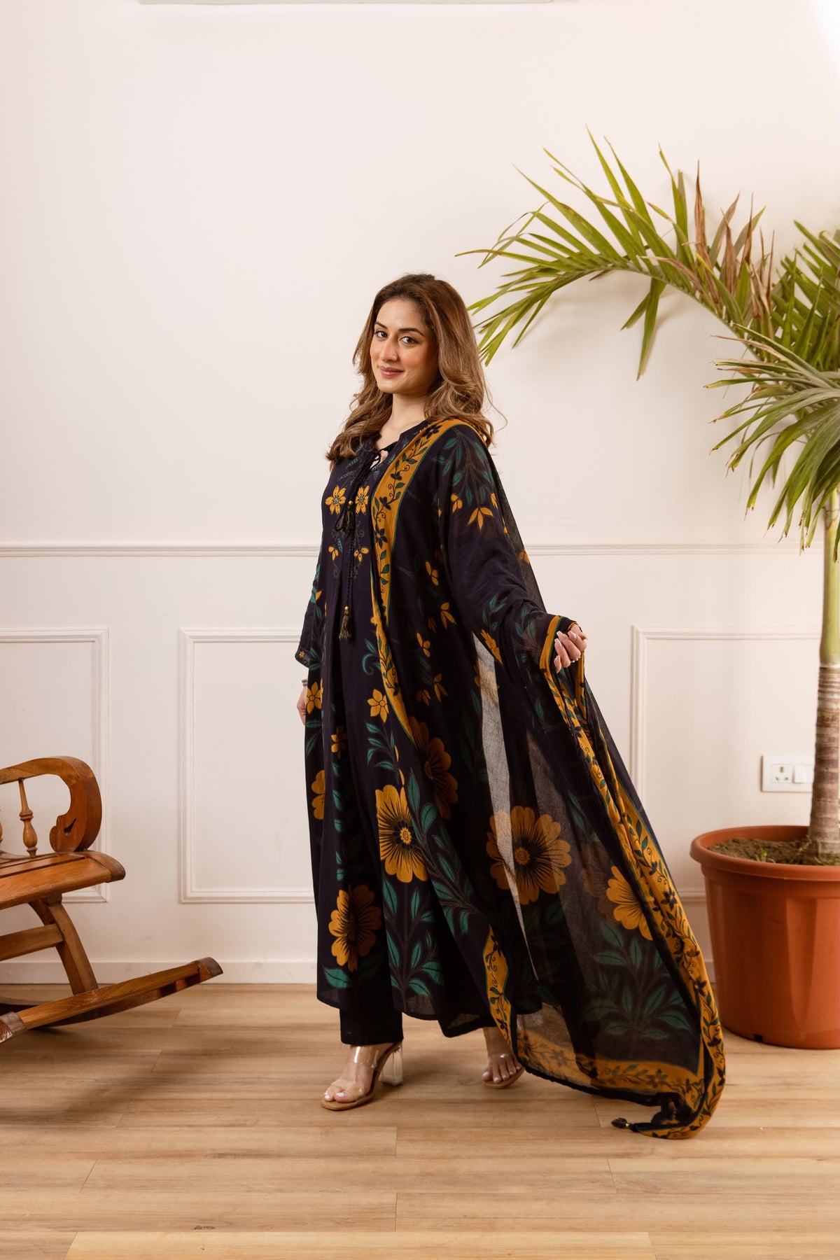 Pure cotton floral print A line pattern flared cotton anarkali three piece set (C699)